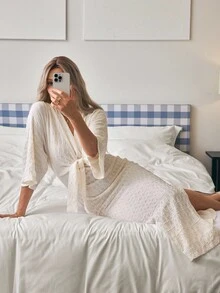 Louniche Women's Solid Color Long Sleeve V-Neck Tie Front Split Casual Dress Maxi Women Outfit