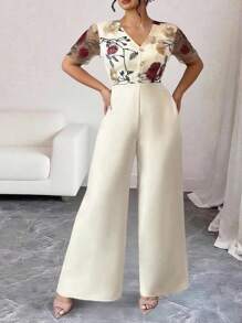 Elenzga Plus Size Floral Embroidered Mesh Stitching Elegant Short-Sleeved Jumpsuit - Apricot - View 3