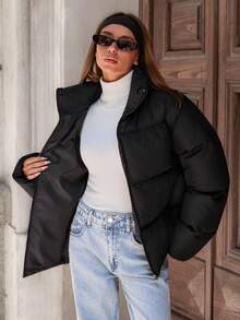 EURMUSE Damen, Winter, Schnee, Leichtgewicht, Warmhalten, Winterbeschichtet, Regular Fit, Regular Länge, Reißverschluss Pufferjacke Schwarze Pufferjacke Damen Damen Winterjacken Oversized Pufferjacke Winterjacke Damen - Schwarz - Übersicht 3