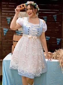 SHEIN Frenchy Váy truyền thống lãng mạn màu xanh cỡ lớn dành cho nữ, phù hợp cho lễ hội Oktoberfest, chợ nhà thờ, lễ hội dân gian, trang phục Dirndl - Màu xanh lam - Xem 4