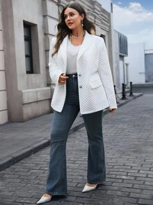 EMERY ROSE 大码休闲和办公室纯色纹理西装外套白色西装外套女士女士白色西装外套白色夹克女士冬季秋季秋季，女士冬装，圣诞节，大码冬装优雅休闲 - 米色 - 查看 5