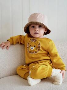 Cozy Pixies 2pcs Baby Boy Cartoon Lion Pattern Soft Knit Pullover Sweatshirt Sweatshirt With Ear Design And Elastic Waist Pants Set - Yellow - View 13
