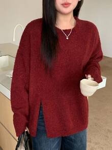 Dazy Plus 酒红色宽松圆领开衩长袖大码女式圣诞新年套头衫，秋季 - 酒紅色 - 查看 7