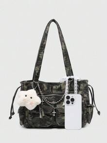 ROMWE Kawaii 女士复古做旧渐变迷彩十字架和心形吊坠装饰蝴蝶结肩带手提包，大容量多口袋肩包 - 彩色 - 查看 4