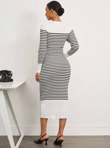 MaterniWear Office,Business Casual Woman,Fall Clothes,Autumn Clothes,Maternity Autumn Clothes Maternity Striped V-Neck Long Sleeve Fitted Knit Dress - Black and White - View 4