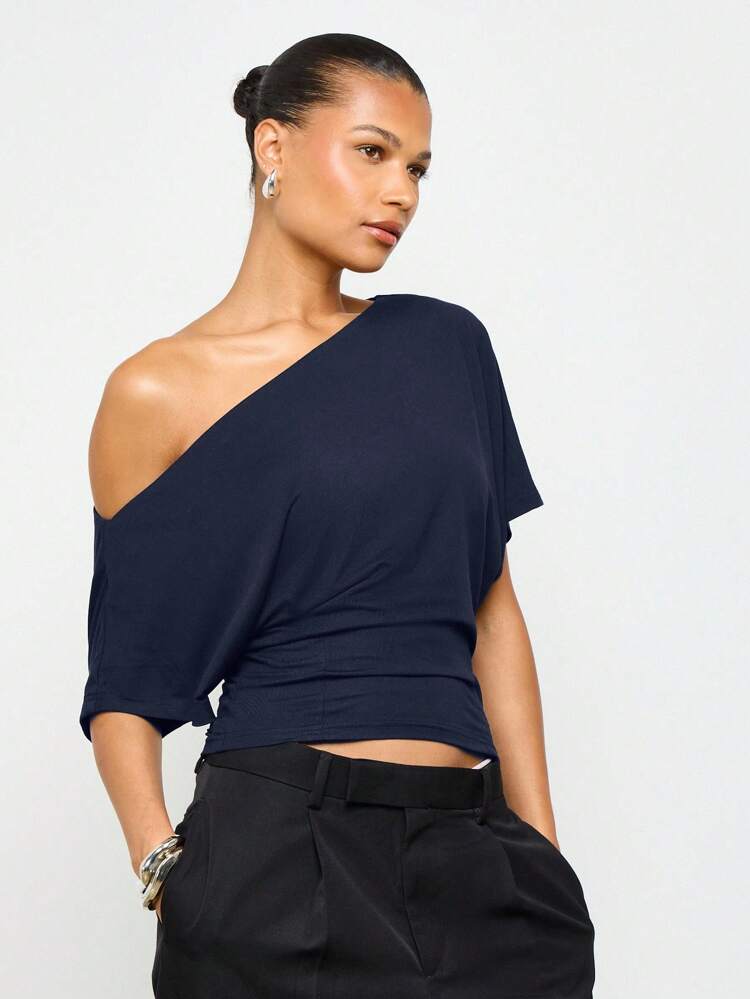 Off Shoulder Dolman Sleeve Fitted Crop Top