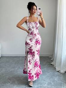 Elenzga Gaun Wanita Terbaru dengan Tali Bahu Tipis, Ikat Pita di Pinggang, Hem Bergelombang, dan Belahan, Serbaguna untuk Kencan, Pesta, dan Pakaian Sehari-hari, Menawan dan Elegan - Hot Pink - View 5
