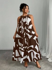 SHEIN Plus Size Women's Elegant All-Over Print Loose Halter Dress, Summer - Brown - View 3