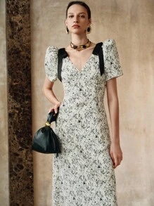 EMERY ROSE Rochie elegantă de damă, cu decolteu în V, model floral, cu nod și mânecă scurtă, în talie, potrivită pentru școală, vacanță, întâlniri, primăvară/toamnă - Alb-negru - Vizualizare 4