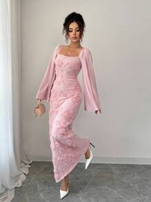 Selianne Đầm nữ cổ vuông tay loe họa tiết hoa thanh lịch - Hồng - Xem 6