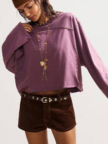 Bohemela Women's Casual Solid Color Knit Crew Neck Long Sleeve Loose Washed T-Shirt, Autumn/Winter Boho,Fall - Purple - View 4