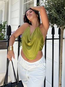 NegzBox Solid Concert Draped Front Backless Party Halter Top - Green - View 6