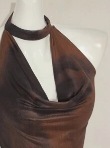 SHEIN ICON Y2k 夏季外出俱乐部音乐会黑红西部嬉皮花卉女式扎染网眼印花露背背心 - 棕色 - 查看 9