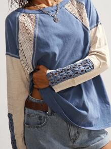 Bohemela 休闲针织拼布圆领长袖宽松女式T恤蕾丝长袖上衣波西米亚风上衣女式西部上衣，女式秋季服装 - 藍色 - 查看 2