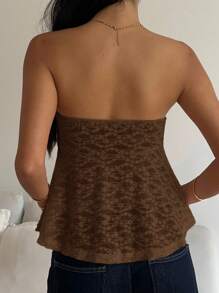 CovetEZ Women's Solid Color Textured Fabric Drawstring Detail Bandeau Top Brown Lace Top Brown Strapless Top - Brown - View 2