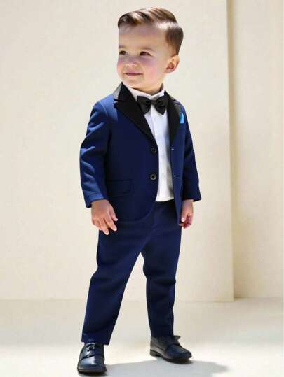 2 piezas Conjunto formal elegante para niño, chaqueta con solapa a color y bolsillo falso, y pantalones de cintura elástica, sin camisa, sin moño, adecuado para bebés de 6 meses a 3 años, atuendo formal para boda, actuación, fiesta, cumpleaños, Navidad, graduación