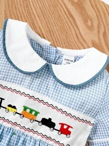 Souflis Souflis Baby Boy's Plaid Patchwork Bodysuit With Peter Pan Collar And Car Embroidery - Blue - View 2