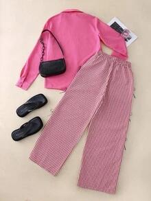 INAWLY 2pcs Women Casual Pink Long Sleeve Shirt And Pants With Bowknot Set Fall Cloth For Women - Pink - View 2
