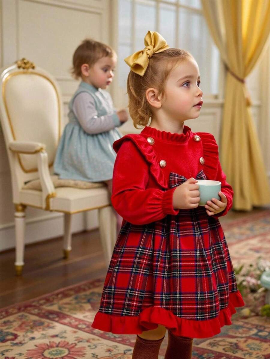 SHEIN Baby Girl Tartan Print Ruffle Trim Flare Sleeve Dress & Headband, For Christmas