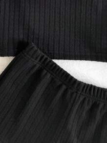 SHEIN 青少年女孩休闲度假 2 件套：纹理针织不对称肩上衣和紧身短裤，适合派对、海滩、游轮、节日、夏季 - 黑色 - 查看 5