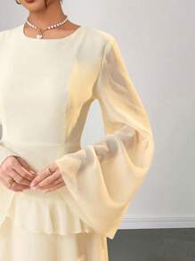 Modelyn Vestido elegante de chiffon com manga flare assimétrica e babados na bainha - Amarelo - Ver 7