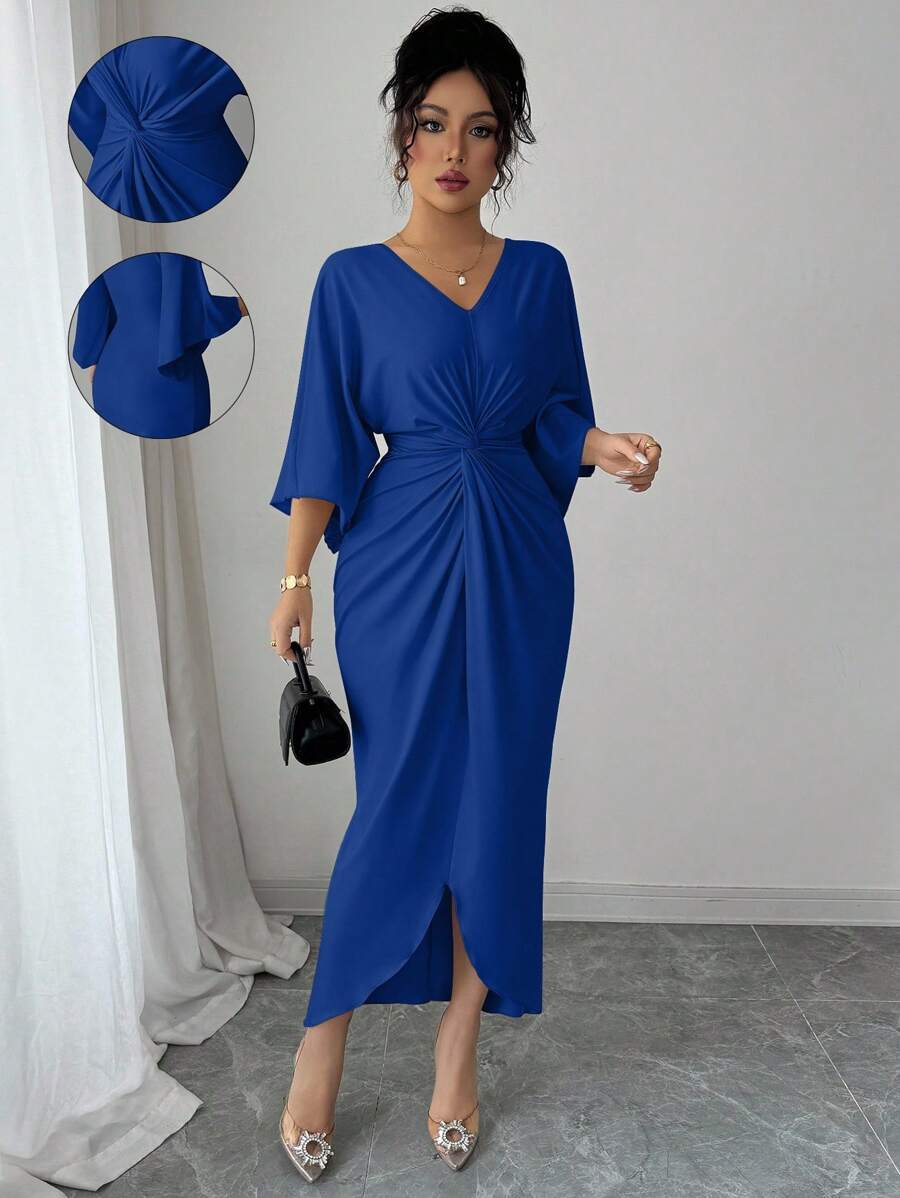 Elenzga Elegant Knitted High Elasticity Batwing Sleeve V-Neck Twist Design Women's Mid-Length Dress