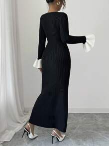 SHEIN Elenzya Women's V-Neck Ruffle Knit Bodycon Sweater Dress Fall Winter Cloth For Women - Black - View 2