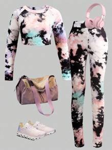 SHEIN 青少年女孩合身休闲简约舒适圆领长袖镂空后背上衣和裤子运动套装 - 彩色 - 查看 7