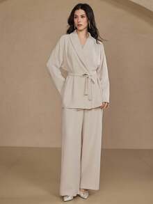 DAZY Conjunto de 2 piezas de chaqueta de manga dolman y pantalones de pierna ancha de unicolor, estilo casual y holgado para mujer - Albaricoque - Ver 5