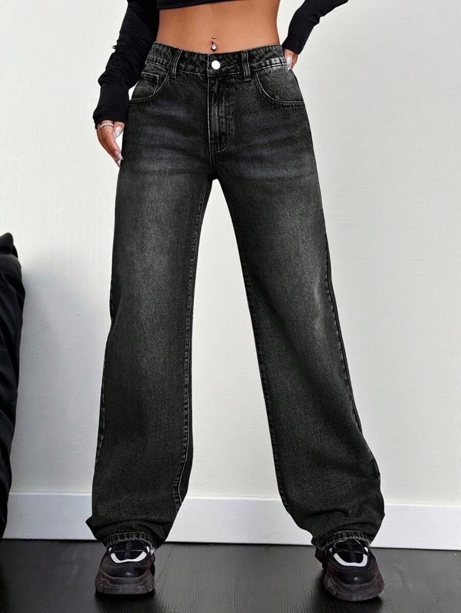 Jeanoix Slant Pocket Wide Leg Jeans - Black - View 1