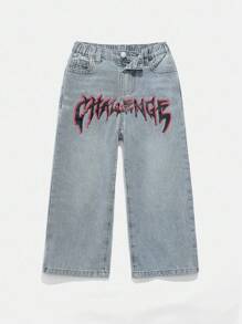 SHEIN Young Boy Retro Blue Denim Loose Baggy Jeans,Distressed Graffiti Letter Printed Streetwear For Summer,Career Day,Back-To-School,Halloween,Fall,Winter - Light Wash - View 2