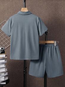 Bộ 2 áo thun polo và quần short màu trơn đơn giản cho bé trai tuổi teen, thích hợp mặc đi làm, đi học, mặc thường ngày và chơi thể thao, mùa xuân/hè - Màu xanh lam - Xem 4