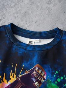 GODZILLAxKONG X SHEIN Sweat-shirt-shirt ample en tricot lâche avec col ras du cou, motif graphique de gorille tie-dye, style sportif décontracté de rue pour garçon préadolescent - Multicolore - Voir 5