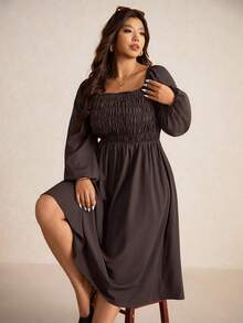 Elaquor Plus Size Elegant Casual Versatile Romantic Fitted Mid-Length Square Neck Coffee Color Dress For Women,Fall Clothes For Women