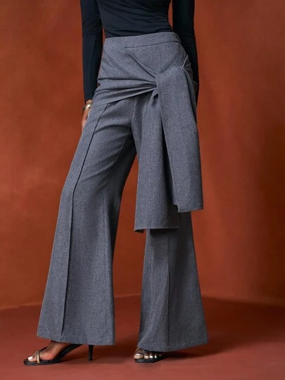 Zivah 20  Autumn/Winter New Arrival, Music Festival, Graduation Season, College Style, Student Wear, Daily Casual, Vacation, Beach, Streetwear, Commute Elegant, Teacher, Waist Tie Knot Asymmetric Design Gray Velvet Pants
