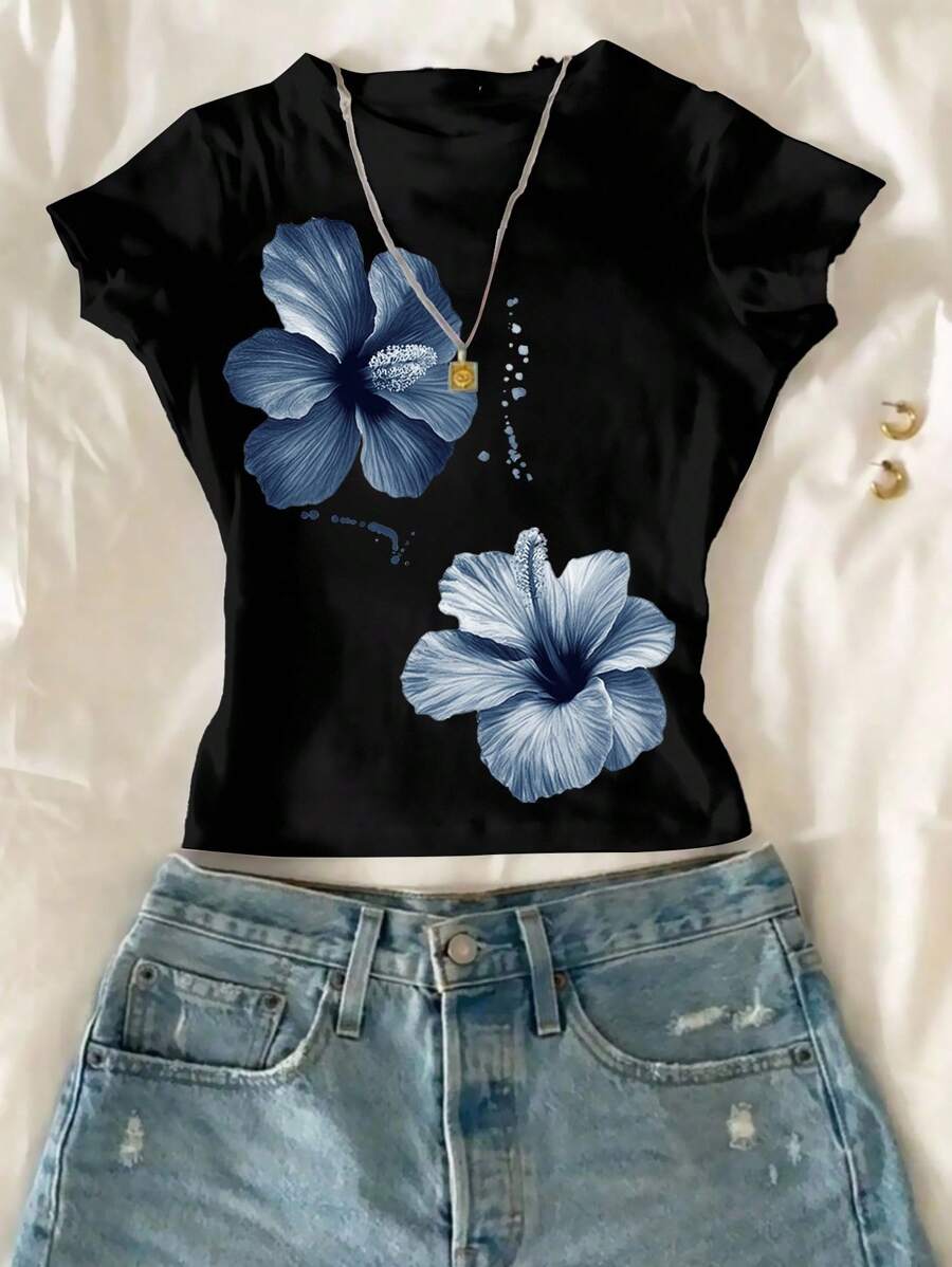 Sparklyn 青少年女孩休闲花卉印花短款修身圆领 T 恤，适合夏季 - 黑色 - 查看 1