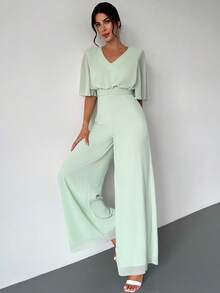 Firerie Women's Elegant Casual Chiffon V-Neck Flare Sleeve High Waist Wide Leg Jumpsuit, Mint Green, Suitable For Summer, Daily Wear, Vacation - Mint Green - View 5
