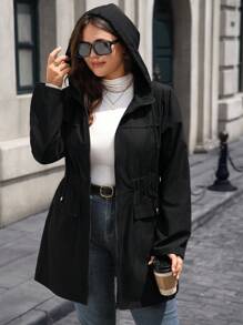 EMERY ROSE Plus Size Solid Color Cinched Waist Zipper Front Long Sleeve Utility Jacket Women Coats Fall Women Clothes ,Fall Clothes For Women Autumn,Spring - Black - View 5