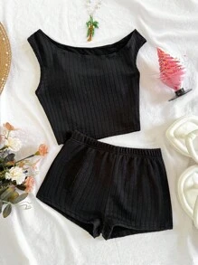 SHEIN 青少年女孩休闲度假 2 件套：纹理针织不对称肩上衣和紧身短裤，适合派对、海滩、游轮、节日、夏季 - 黑色 - 查看 1