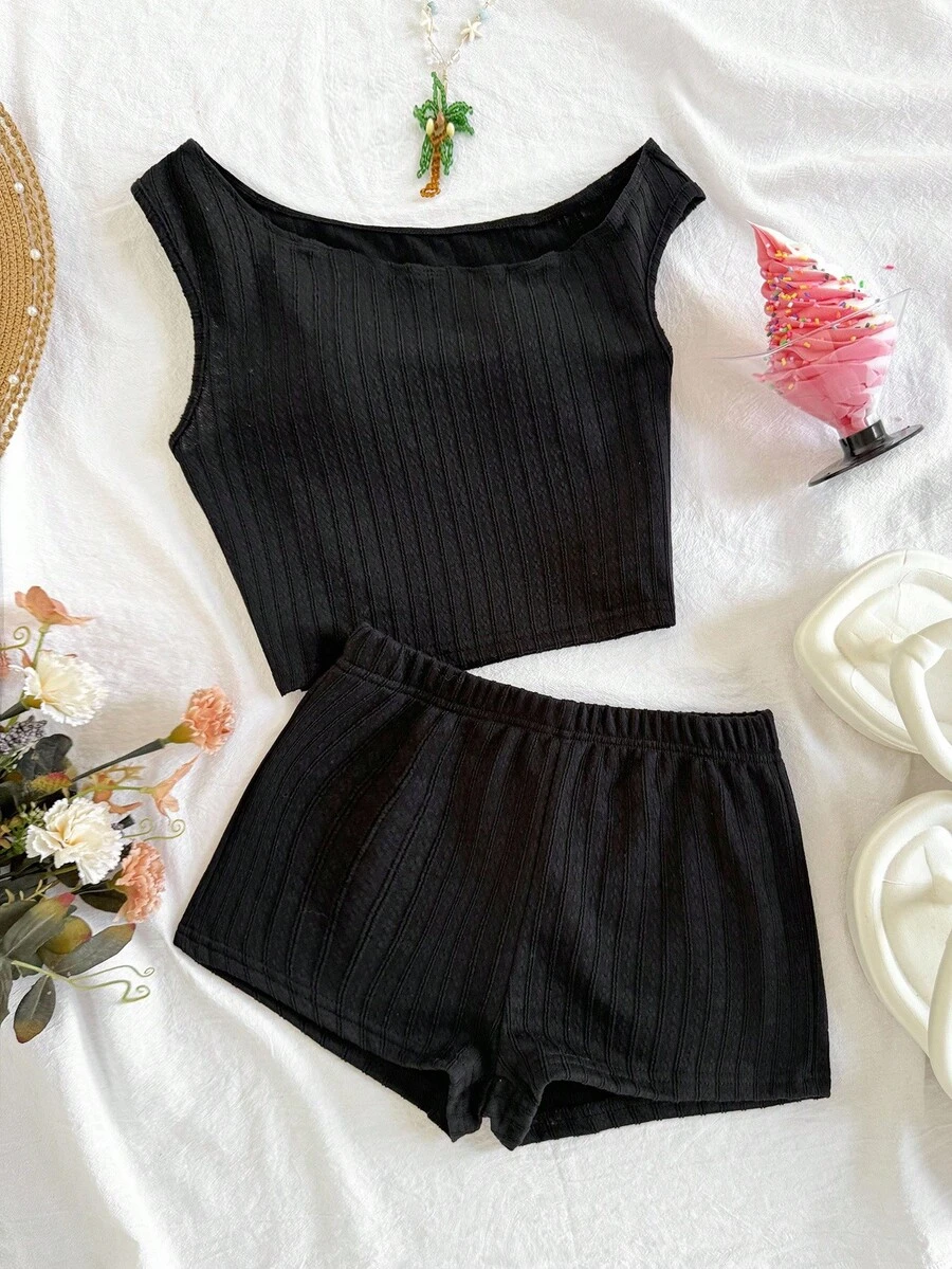 SHEIN 青少年女孩休闲度假 2 件套:纹理针织不对称肩上衣和紧身短裤,适合派对、海滩、游轮、节日、夏季 - 黑色 - 查看 1