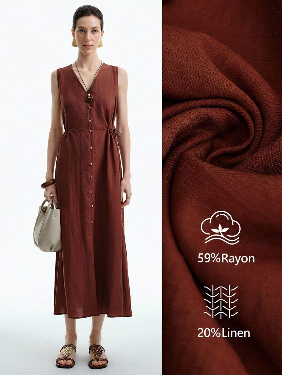 Aalyst Women's Elegant Fashion Commuter Casual Comfortable Charming Retro Minimalist Round Neck Side Drawstring Front Split Sleeveless Solid Color Dress