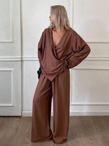 Livesso 2 piezas Conjunto de top de manga larga con cintura ceñida y pantalones casuales para mujer - Marrón - Ver 5