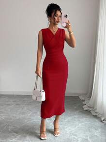 Elenzga Đầm ôm body màu trơn không tay cổ chữ V thoải mái, dễ thương, quyến rũ, lãng mạn, đi làm, thường ngày dành cho nữ - Màu Đỏ Sâu - Xem 3