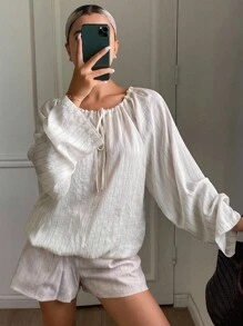 Livesso 女式条纹宽松系带长袖衬衫 - 米色 - 查看 3