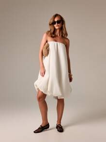 AiiRZ 泡泡中长抹胸连衣裙度假晚会宽松露肩夏季度假海滩婚礼宾客侧袋褶皱下摆派对 - 白色 - 查看 5