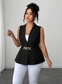 Elenzga لا تنفد أبدًا من الأناقة، مجموعة الأناقة الغريبة (أنا بحالة سيئة) (جمالية الأربعاء) بلوزة كبيرة الحجم من قماش منسوج أنيقة وقابلة للتنوع، تصميم ياقة مميز، خط أميرة لتنحيف الخصر، زخرفة إبزيم معدني، بدون أكمام، مناسبة للتنقل والتسوق والترفيه، مناسبة لمناسبات متعددة، جذابة للتصوير، قماش مريح، طراز مميز، أداء عالي الجودة