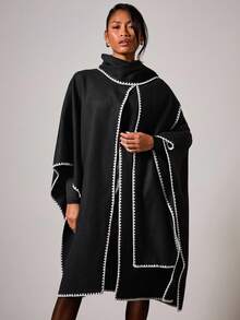 COSMINA 秋冬女装时尚街头撞色绑带蝙蝠袖宽松长款夹克 - 黑色 - 查看 4