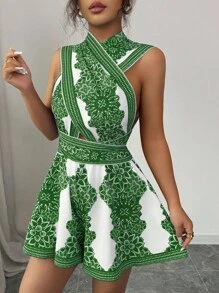 Elenzga 女式全身印花露背交叉连体衣