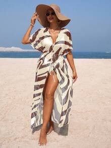 Swim Vcay Dam Sommarsemester Zebra Mönstrad Mesh Lång Kimonokofta - Multifärgad - Visa 3