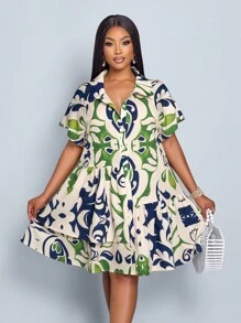 SOLERSUN Plus Size Waist-Cinching Button-Front Simple Loose Summer Casual Vacation Printing Dress